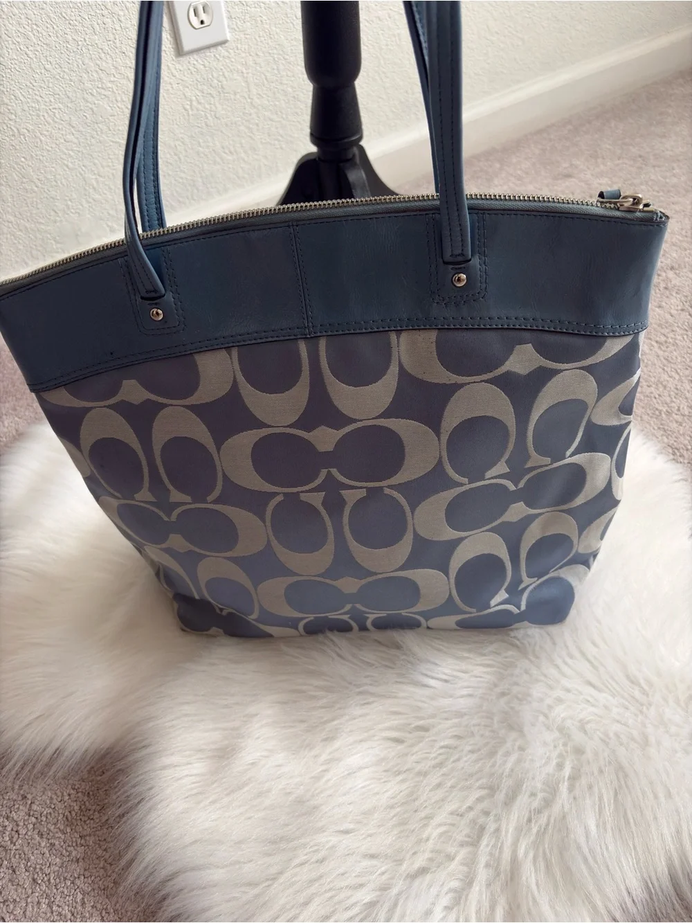 Coach Two-Tone Blue Signature Tote with Leather Trim